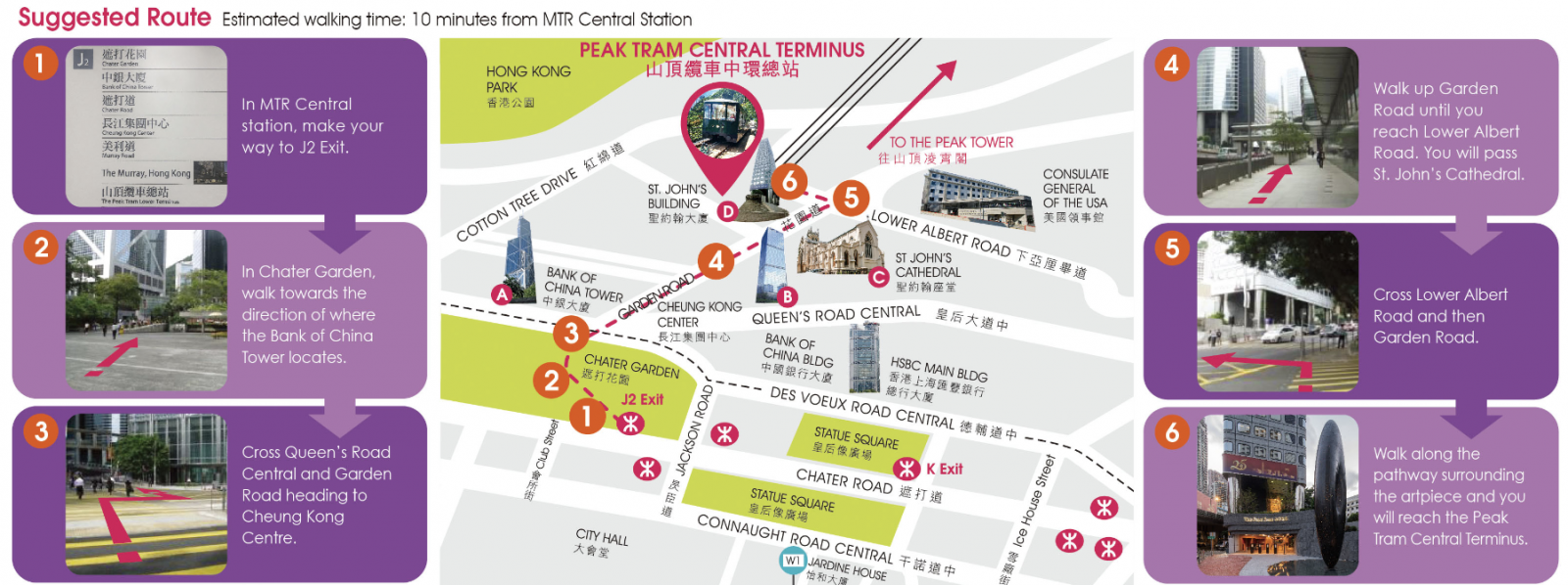Route for going Peak Tram Central Terminus