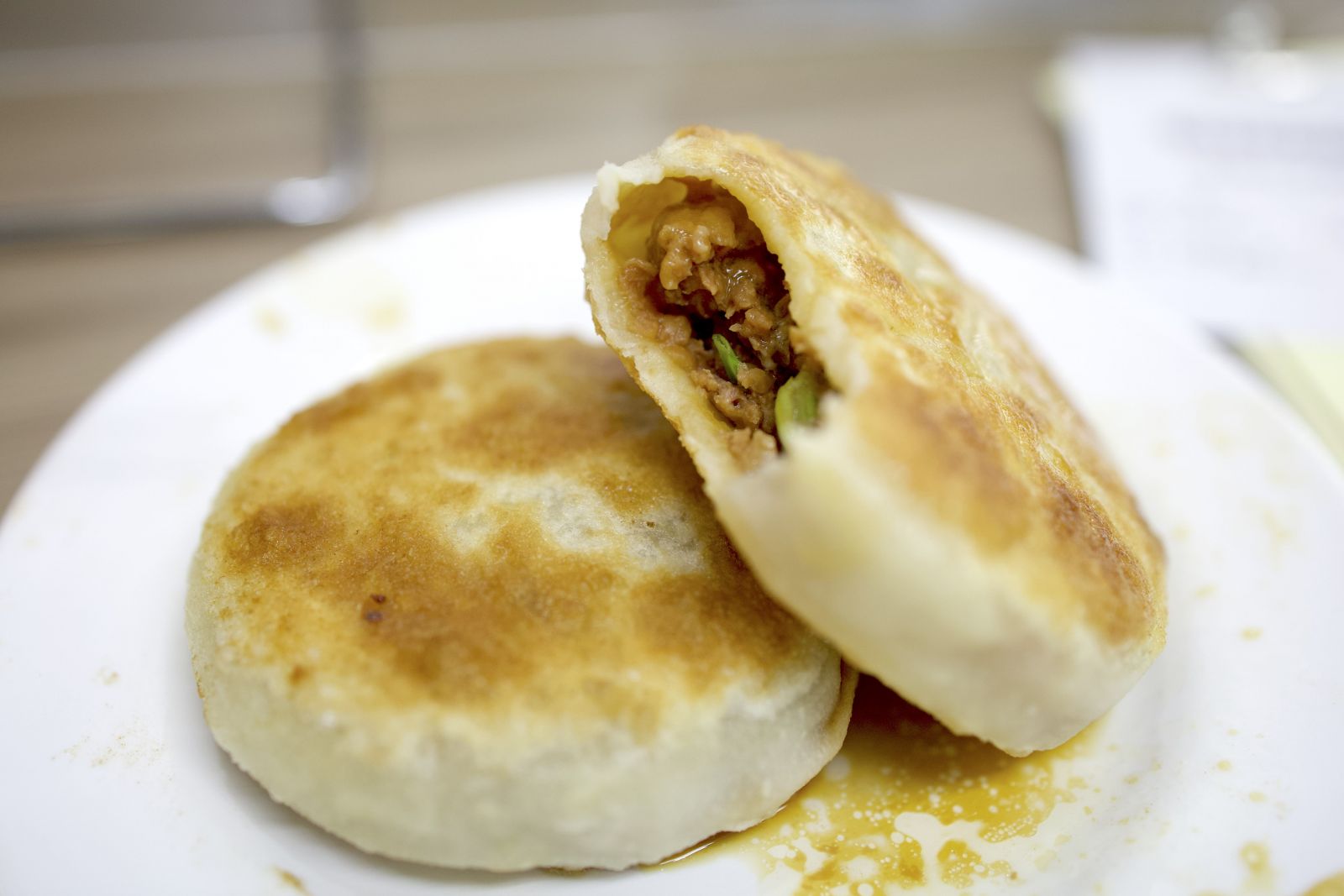 Pan fried beef bun. 